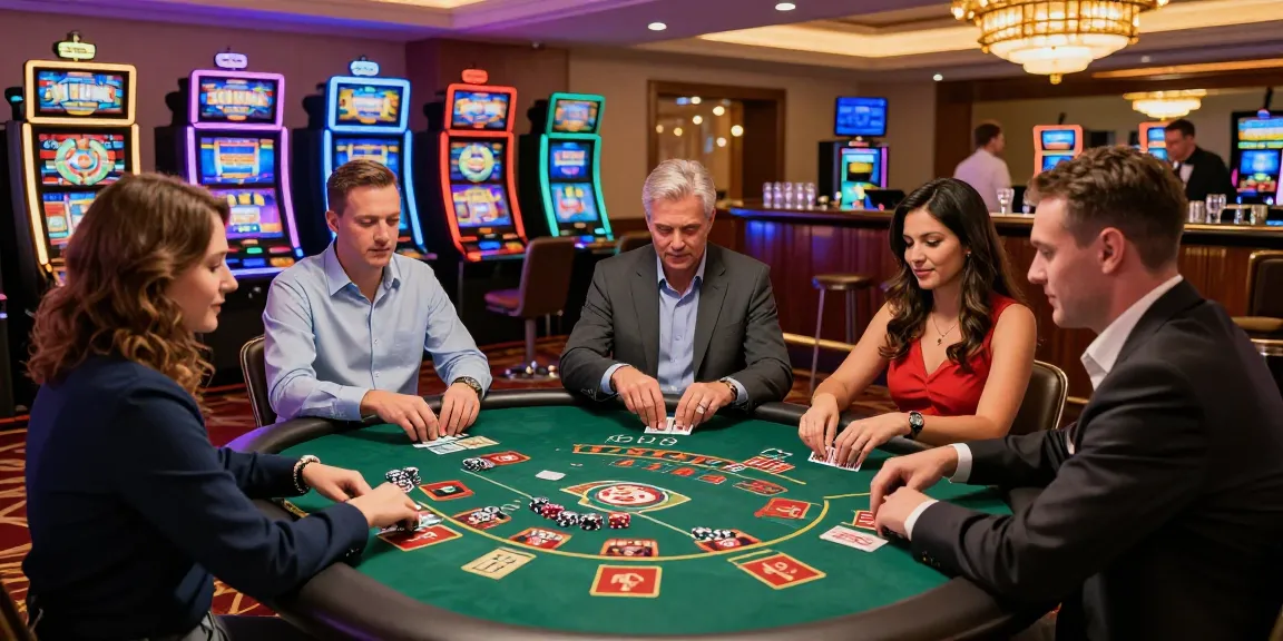 Casino En Ligne scene showing players engaged in table games in a luxurious casino atmosphere.