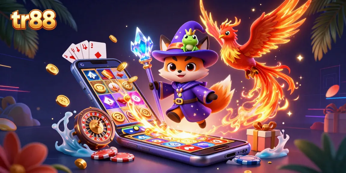 Experience the magic of tr88 as the wizard fox conjures wins with slot games and vibrant casino elements.