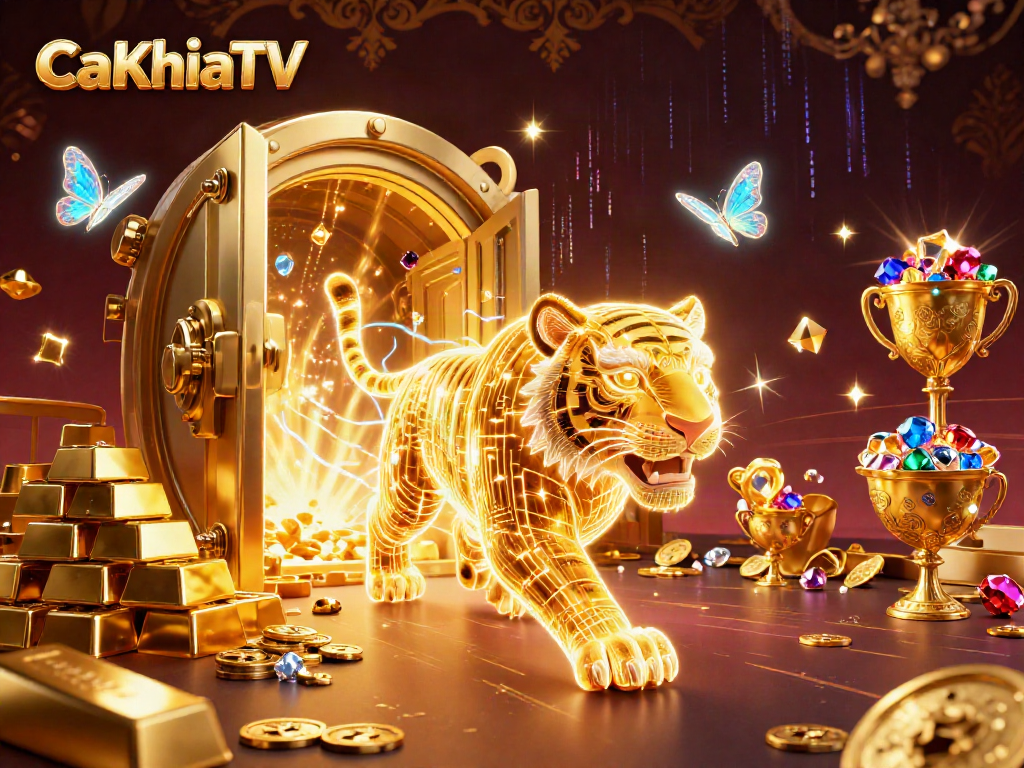 Watch CaKhiaTV highlights with a neon tiger in an energetic casino scene packed with treasures.
