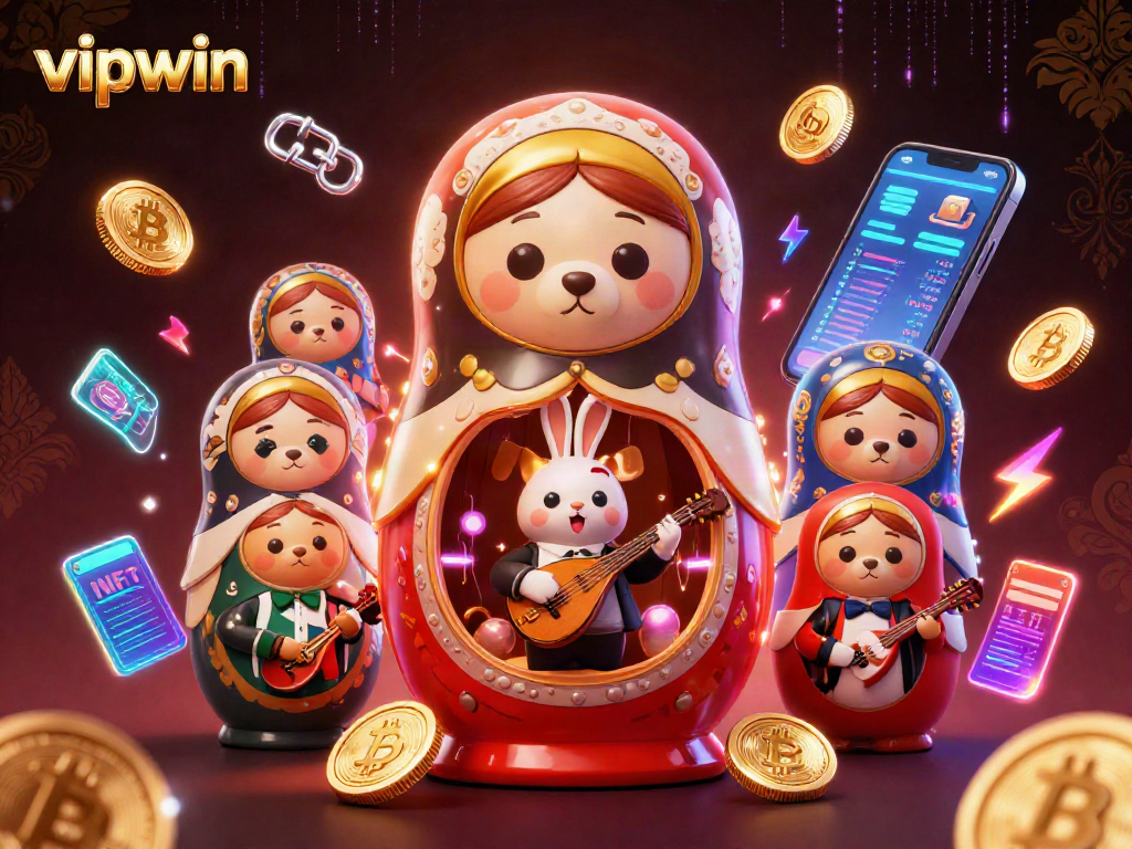 Engage with vipwin's vibrant casino scene featuring a nesting doll bear and crypto elements.