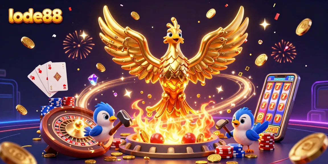 Engage with lode88's dynamic gaming scene featuring a molten phoenix and casino elements.