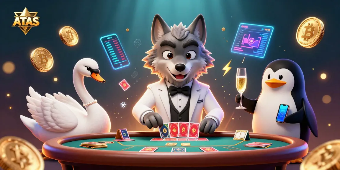 Engage in the thrilling ATAS online casino experience with a cartoon wolf, swan, and penguin playing baccarat.