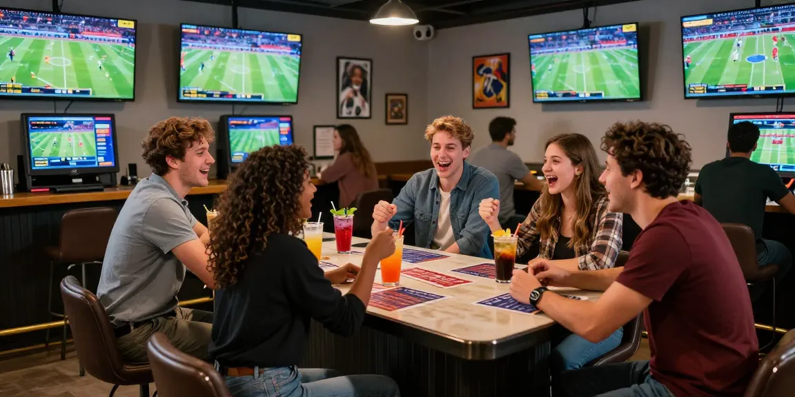 ผู้คนมีความสนุกสนานใน playme8 sportsbook ขณะเดิมพันกีฬาในบาร์สมัยใหม่