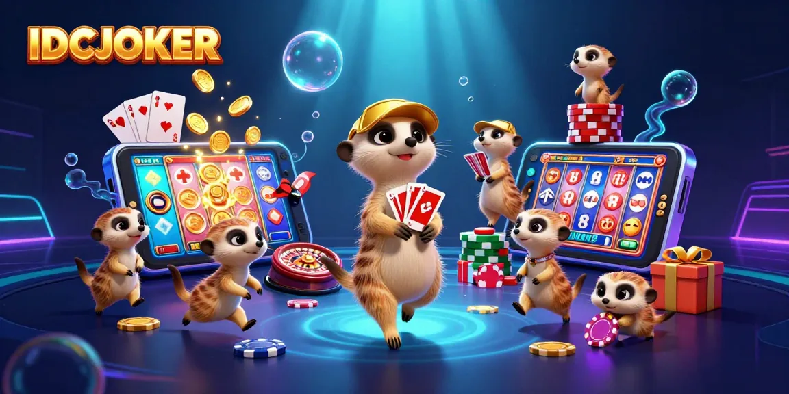 IDCJOKER meerkats operating a vibrant online casino with games and colorful elements