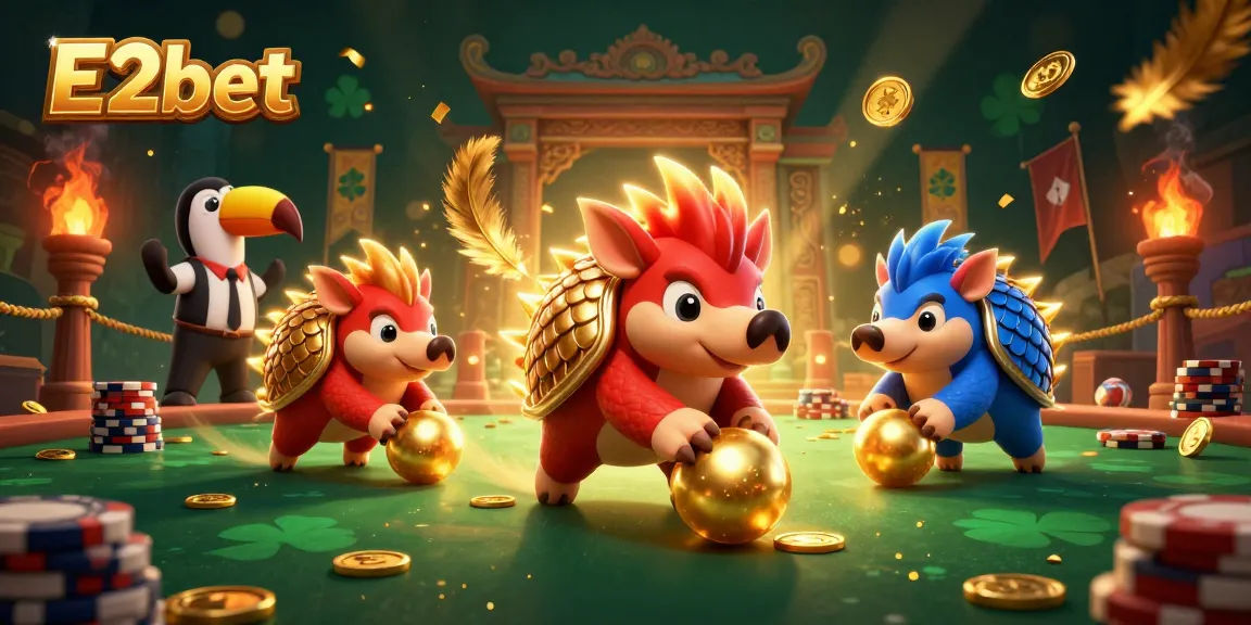 Experience thrilling action at E2bet, where rival pangolins battle through poker chips in a vibrant casino setting.