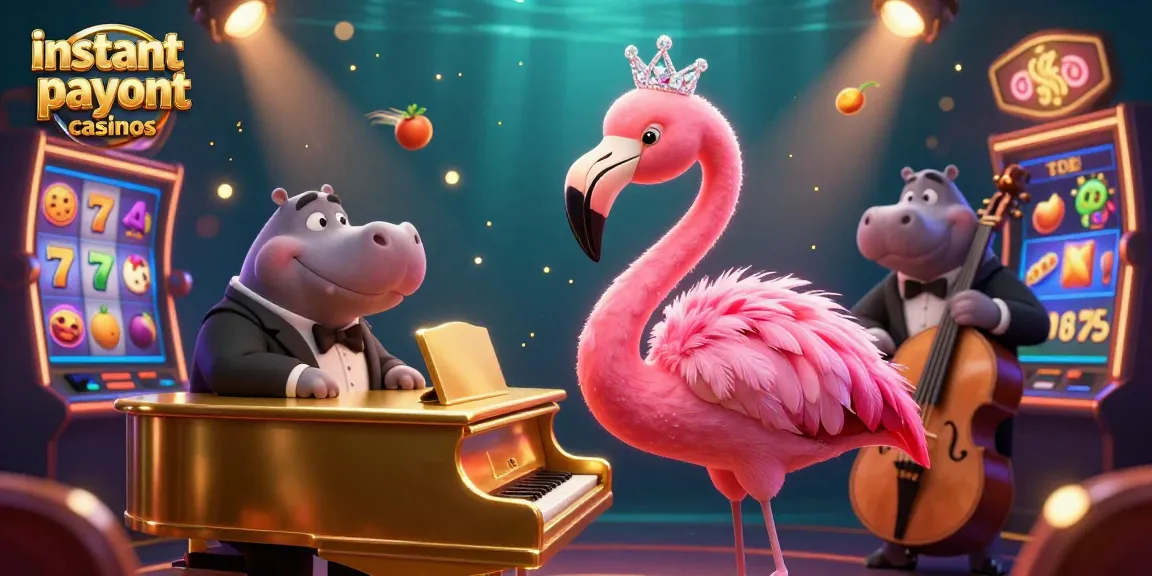 Experience instant payout casinos with vibrant 3D illustrations of lively gaming scenes and slot machines.