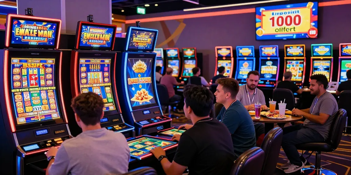 Exciting slot deposit 1000 gaming scene with diverse players enjoying vibrant slot machines.