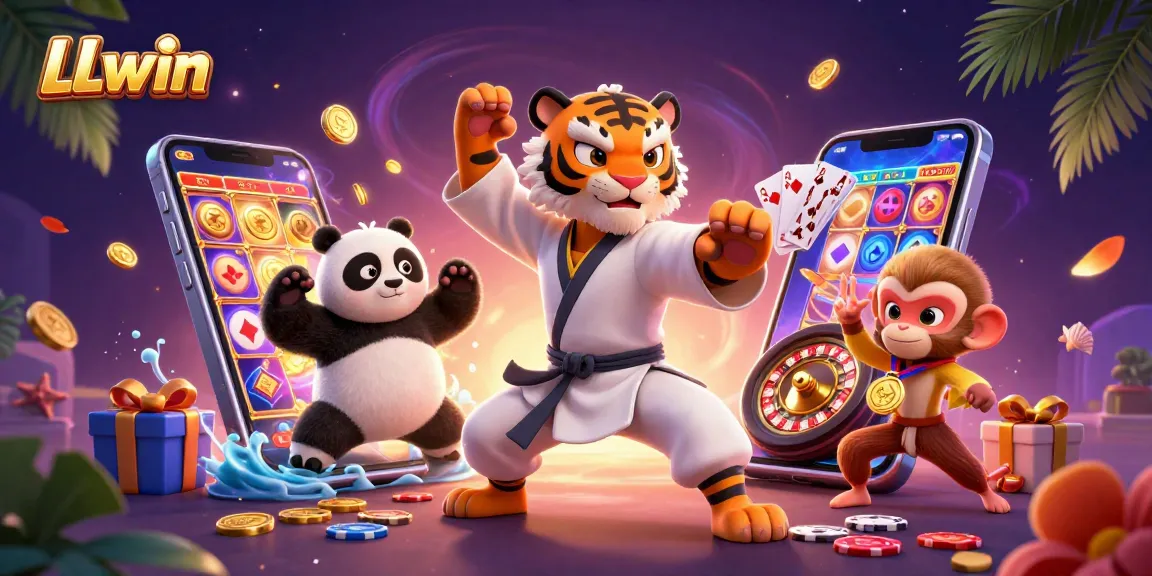 LLwin players engage in dynamic slot games surrounded by golden coins and festive decorations.