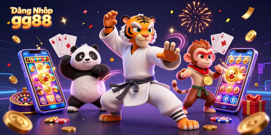 Action-packed scene depicting Đăng Nhập gg88 with vibrant casino elements, showcasing a playful tiger, panda, and monkey.