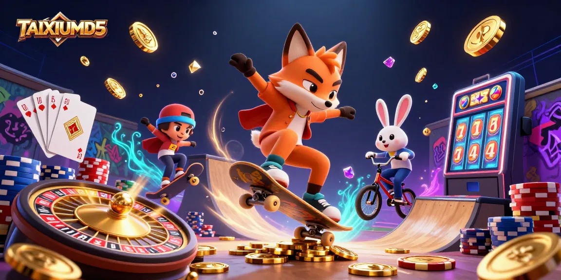 TAIXIUMD5 showcases a dynamic casino scene with a skateboarder fox and BMX rabbit amidst gold coins and a spinning roulette wheel.