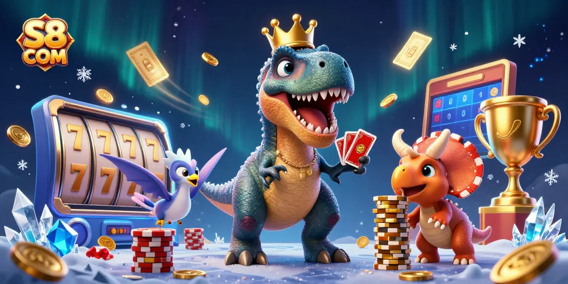 Engage in exciting slots action with S8 COM featuring cartoon dinosaurs in a vibrant casino scene.