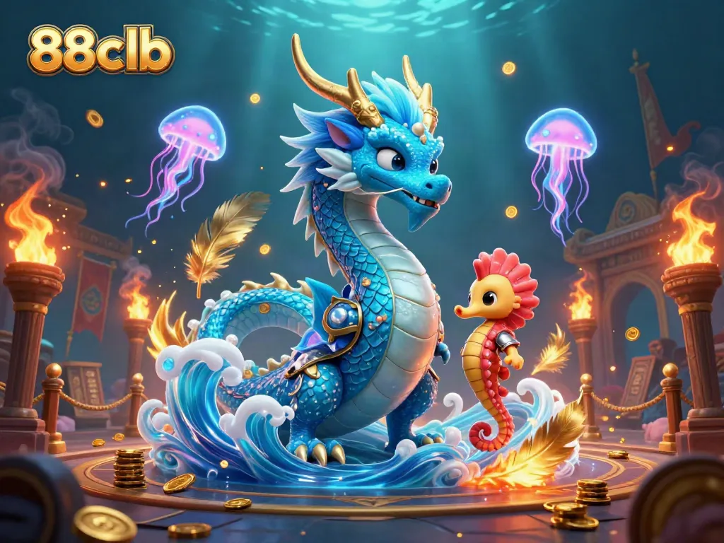 Experience the magic of 88clb with a vibrant 3D illustration featuring a water dragon, a seahorse knight, and glowing jellyfish in a dynamic casino setting.
