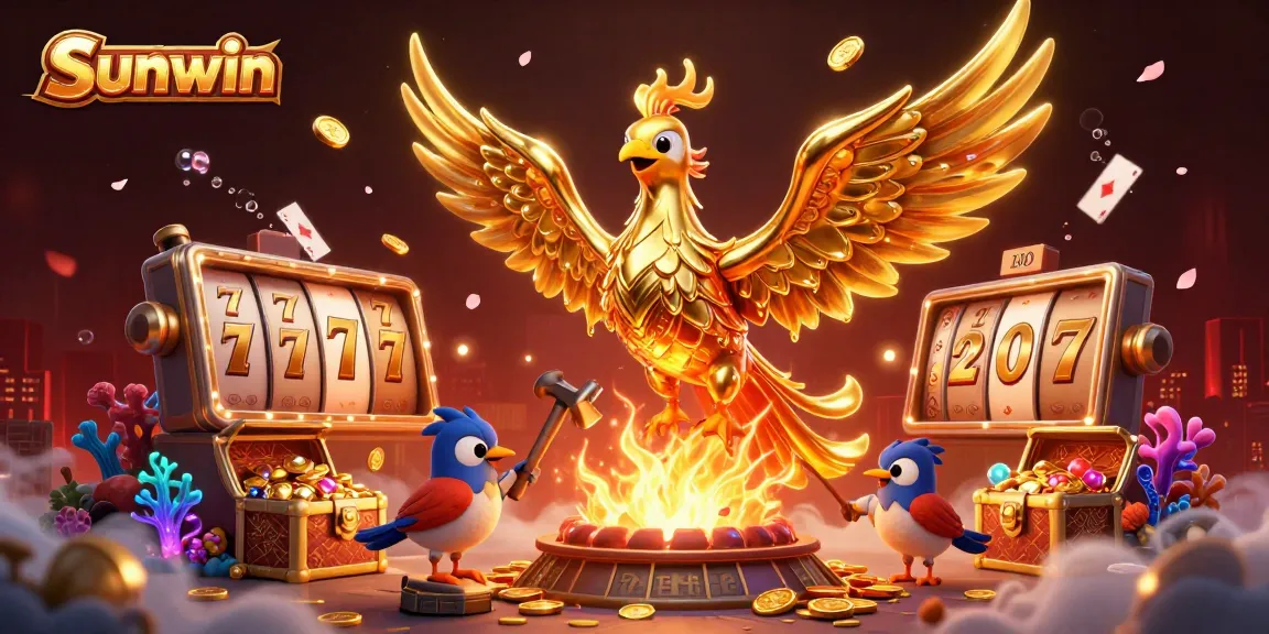 Play exciting casino games at Sunwin, featuring vibrant slot reels and dynamic gold coin explosions.
