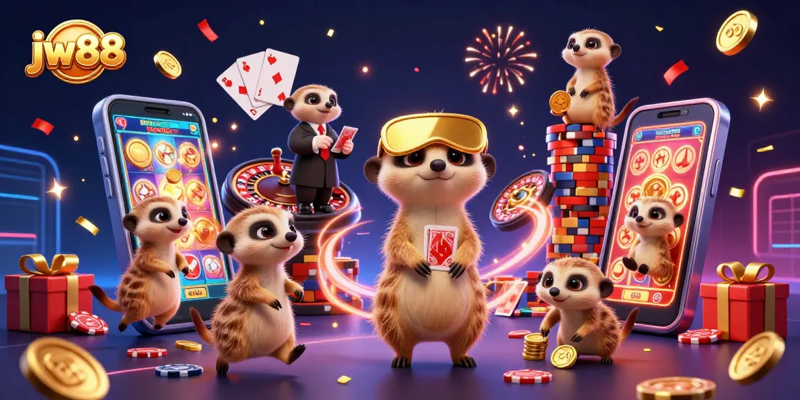Experience the excitement of jw88 casino with 3D meerkats engaged in gaming activities.