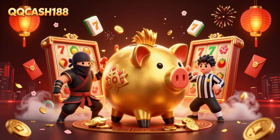 Experience QQCASH188 in a vibrant 3D illustration featuring dynamic casino elements and characters.
