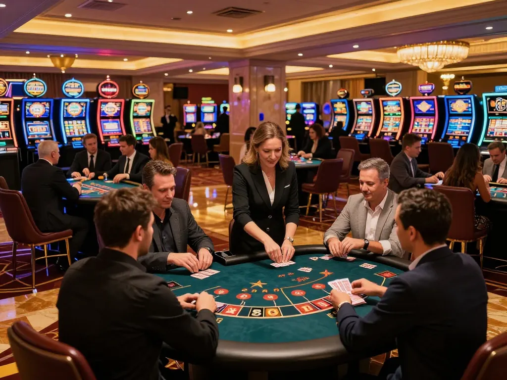 Players enjoying games at LC888 casino, engaging in roulette and poker under warm lighting.