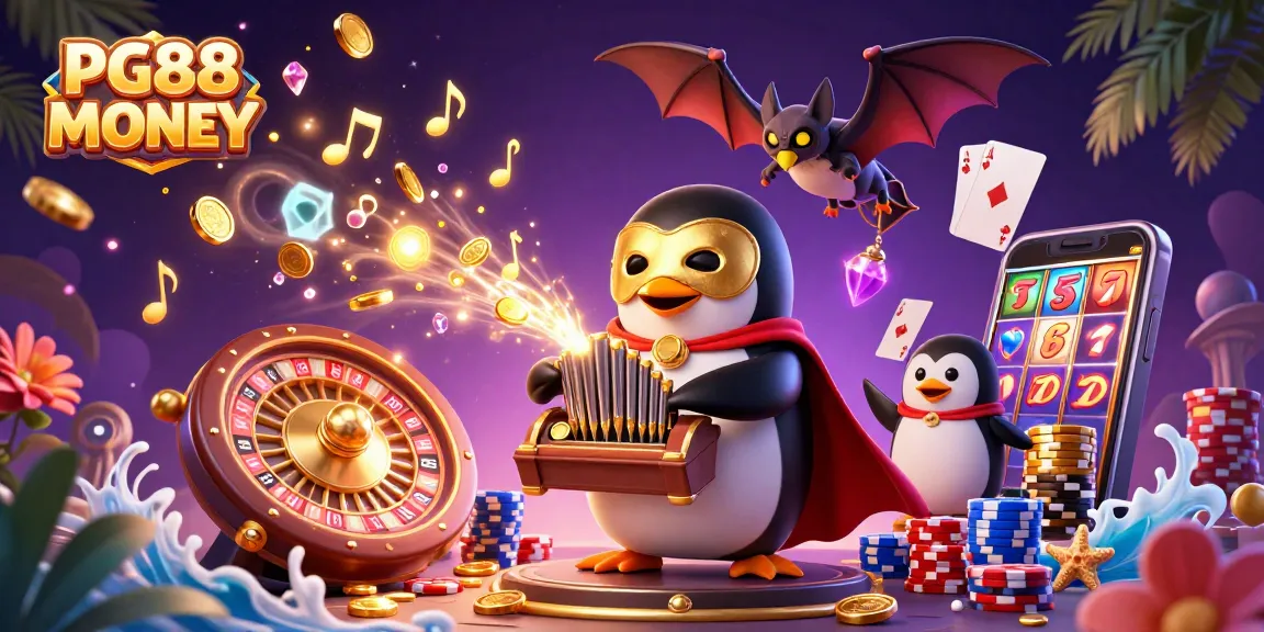 Experience the excitement of PG88 MONEY with animated characters and casino elements creating a vibrant gambling scene.