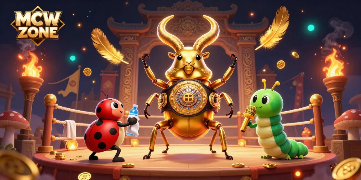 Engage in thrilling betting action with MCW ZONE's vibrant arena featuring a golden stag beetle boxer.