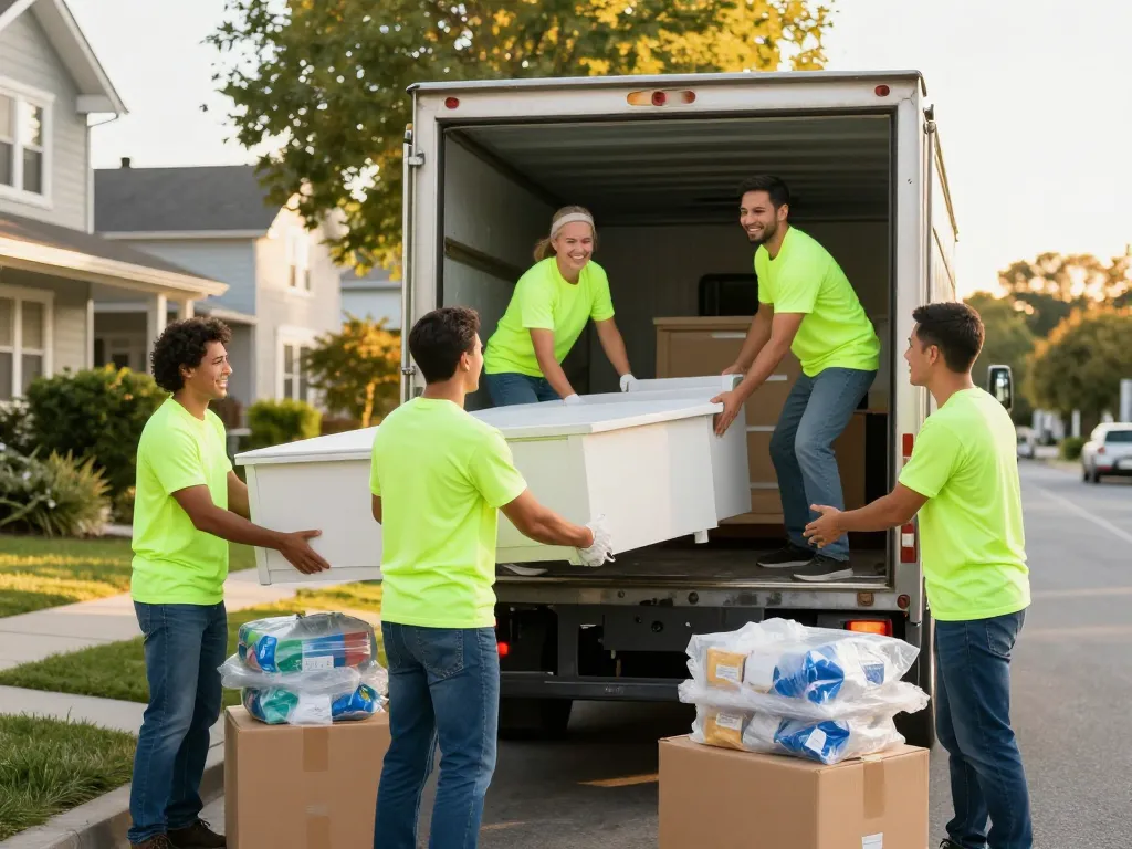 Das Team von Umzugsunternehmen Hannover lädt Möbel in einen Umzugswagen, das zuverlässige Umzugsdienste zeigt.
