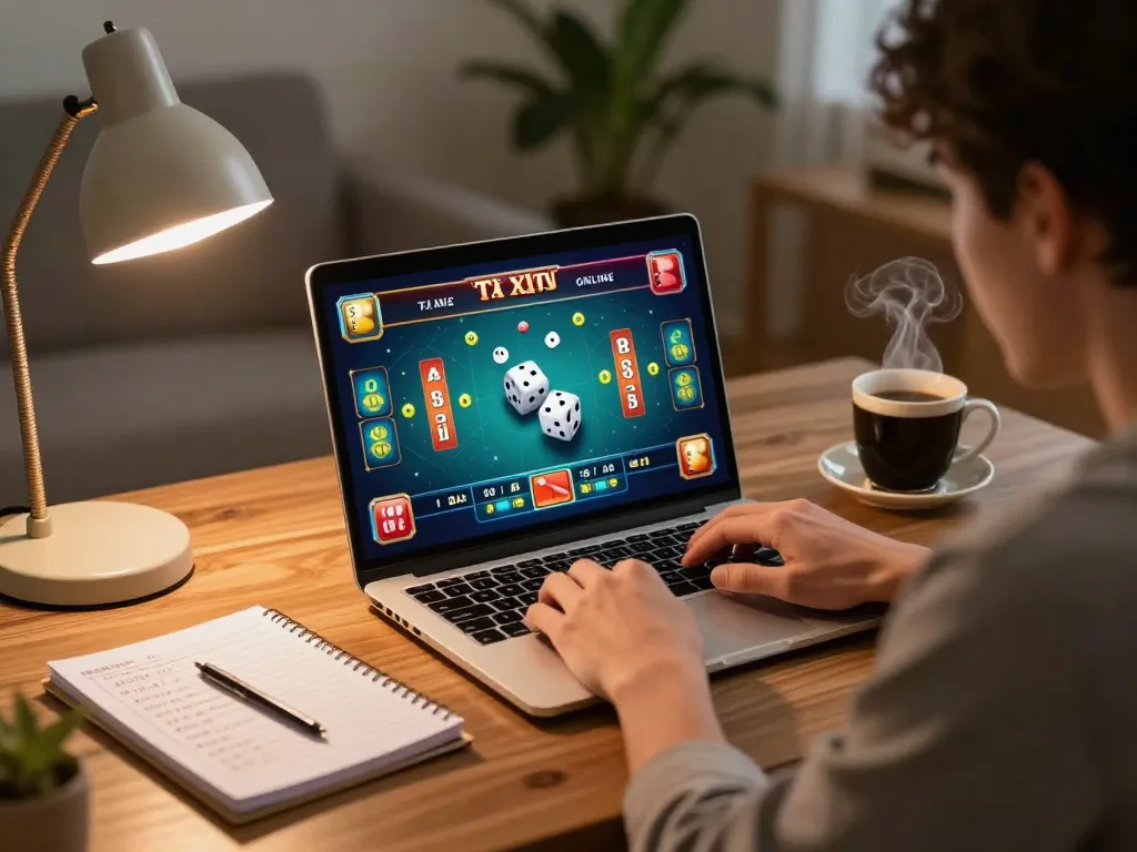 Tài Xỉu Online player focused on gaming strategy during a cozy home session with warm lighting.