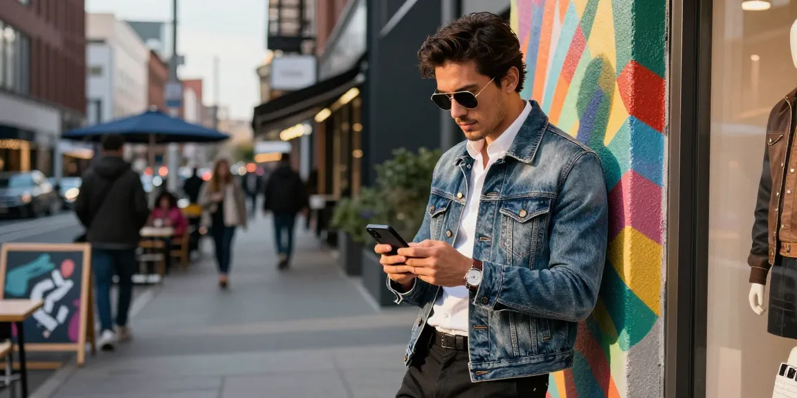 Stylish man in urban setting showcasing men's fashion with denim jacket and accessories.