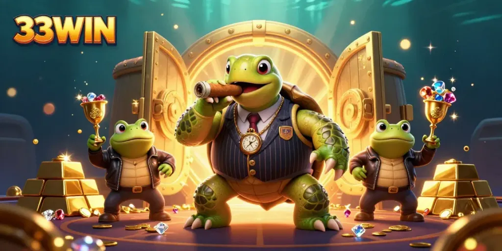 Engaging 33WIN casino scene with cartoon cheery characters surrounded by treasure and vibrant lights.