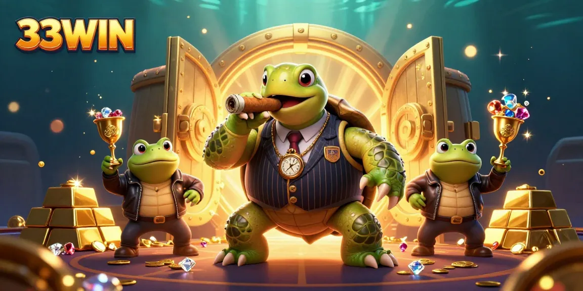 Engaging 33WIN casino scene with cartoon cheery characters surrounded by treasure and vibrant lights.