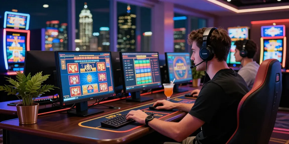 Giocatore su siti non AAMS in un elegante ambiente di casinò online, circondato da luci vivaci e macchine da gioco.