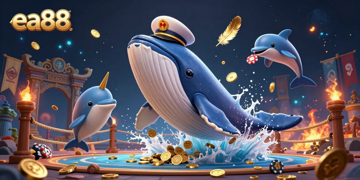 Experience the vibrant excitement of ea88 with a 3D whale and playful dolphins amidst casino elements.