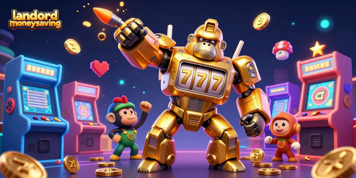 Engage in thrilling casino action with landlordmoneysaving featuring a golden gorilla mech amidst vibrant game elements.