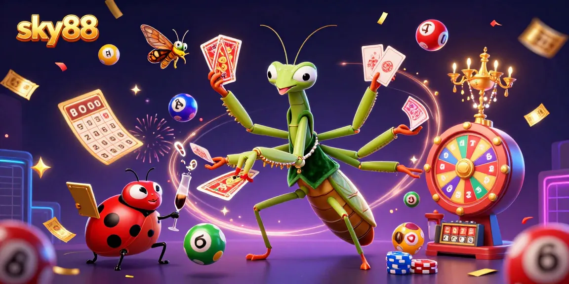 Engage with sky88's vibrant casino scene featuring a mantis dealer and magic lottery elements.