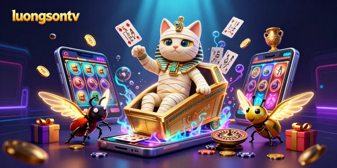 Engage with exciting gaming with luongsontv featuring a vibrant scene with a mummy cat and golden elements.
