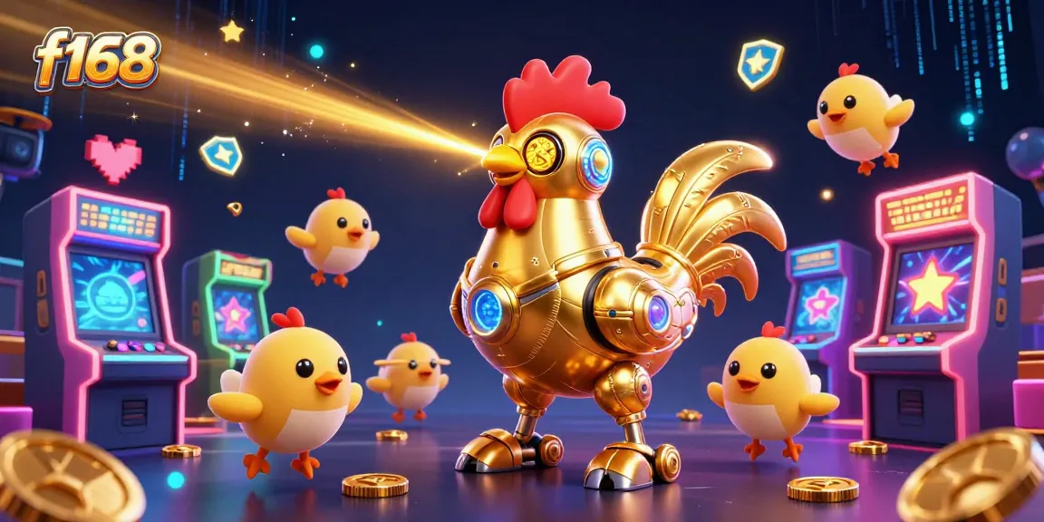 Engage in thrilling gameplay at f168 with a futuristic golden rooster robot shooting lasers amidst dynamic casino elements.