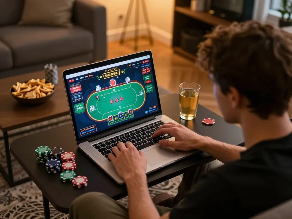 Engaged player enjoying online casino gaming using Nhà Cái SC88 uy tín in a cozy home environment.