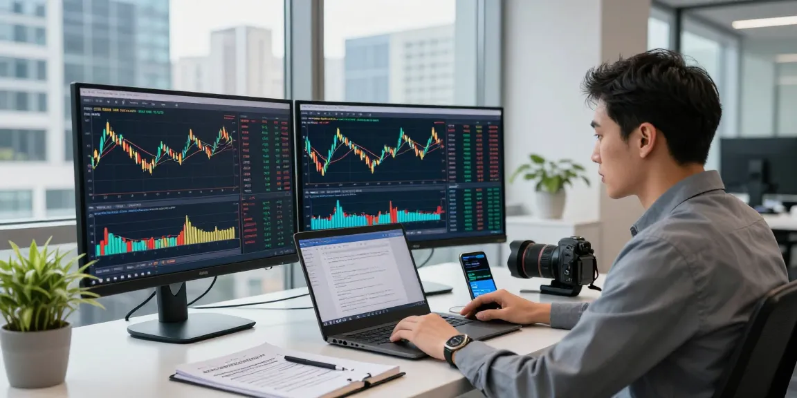 Real-time forex trading analyst reviewing gold backtesting market data in a modern office environment.