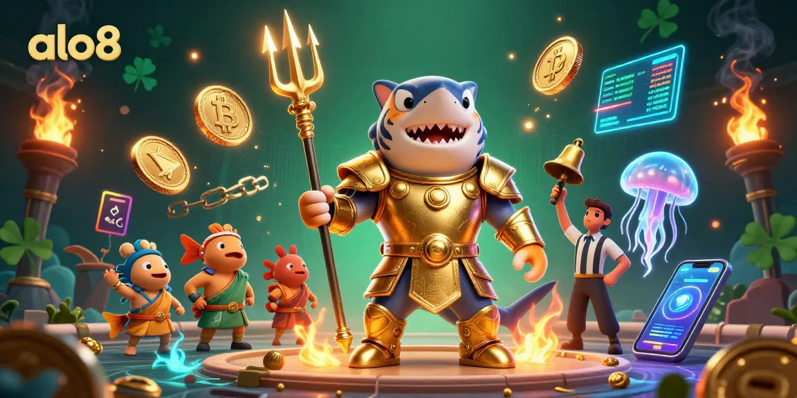 Engage in exciting gameplay at alo8 with a fierce tiger shark in gladiator armor amidst a dynamic casino scene.
