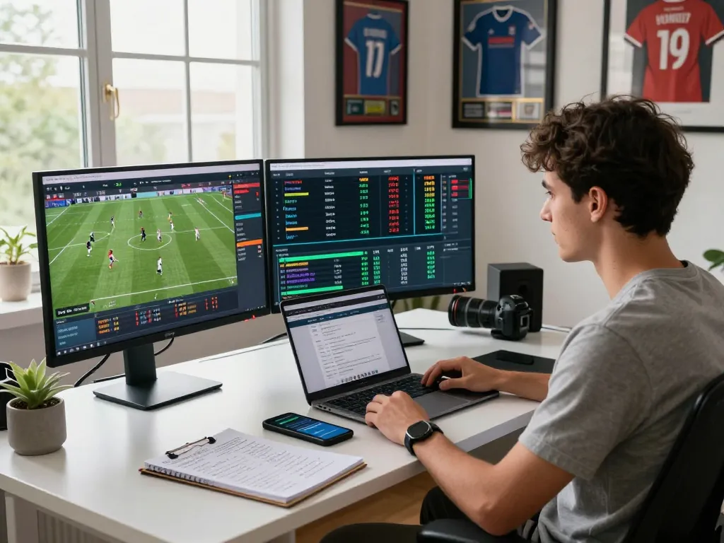 Engaging home office scene showcasing Keo nha cai sports betting analysis with live data displays, notes, and energetic atmosphere.