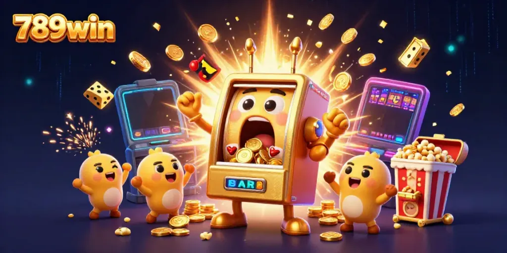 Experience the vibrant world of 789win's casino with animated slot machines celebrating jackpot wins amidst a flurry of coins and lights.