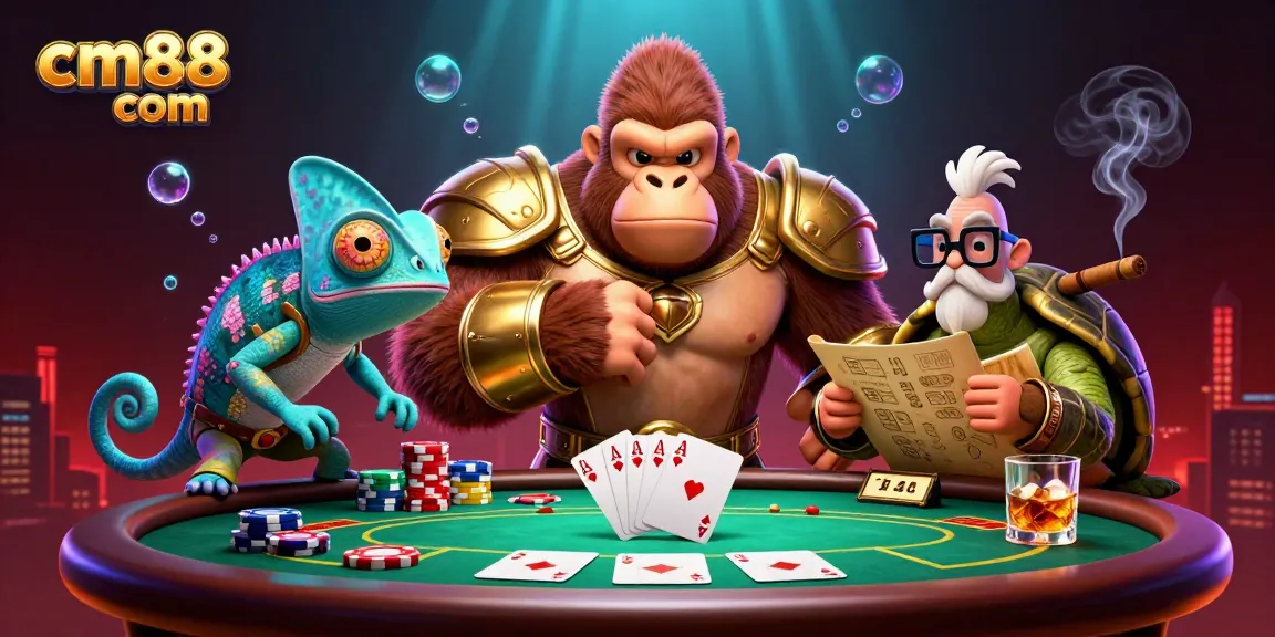 A powerful gorilla king and companions celebrate at cm88 com poker table surrounded by vibrant casino elements.