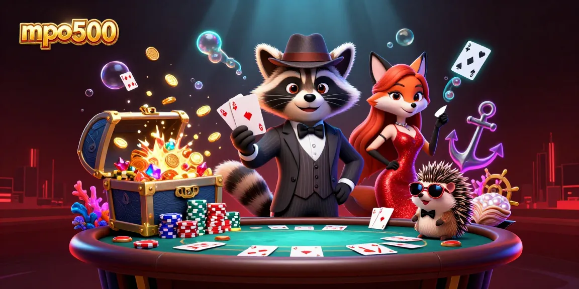 Experience the thrill of mpo500 with vibrant characters and poker elements in this captivating scene.
