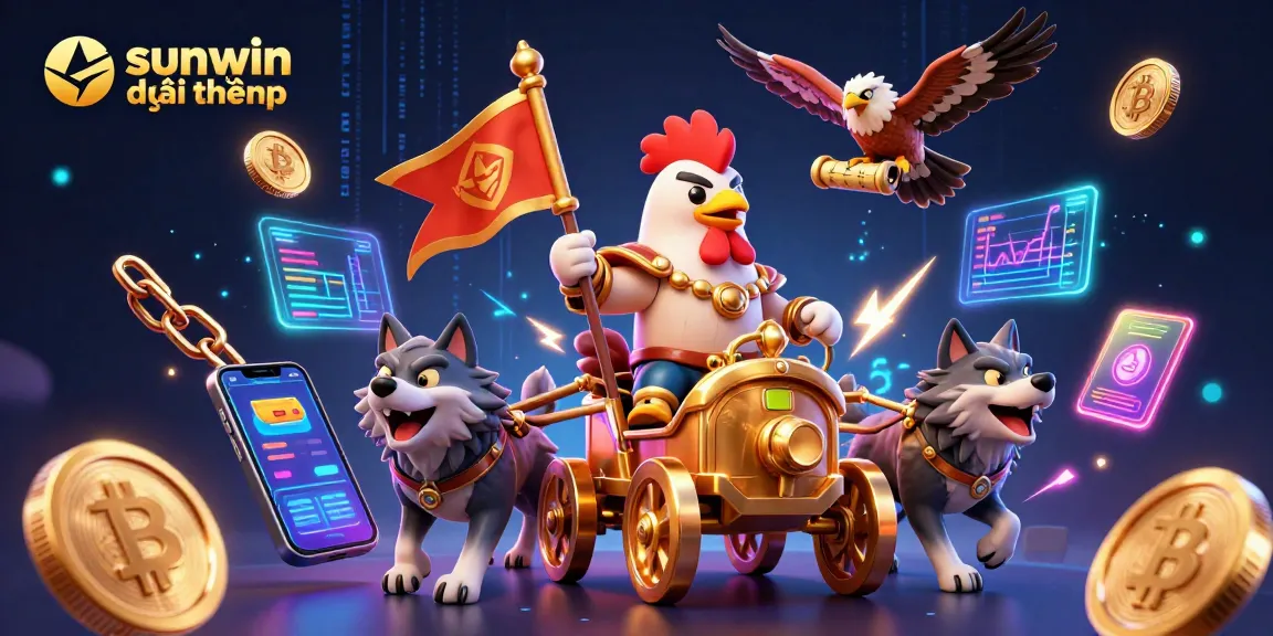 Engage in sunwin đổi thưởng with a vibrant 3D illustration of a rooster warlord and crypto elements.