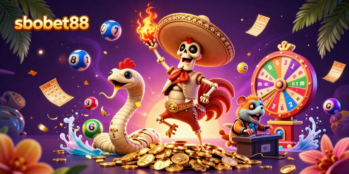 sbobet88 displays vibrant energy with a cartoon rooster, snake, and DJ amidst a money-filled celebration