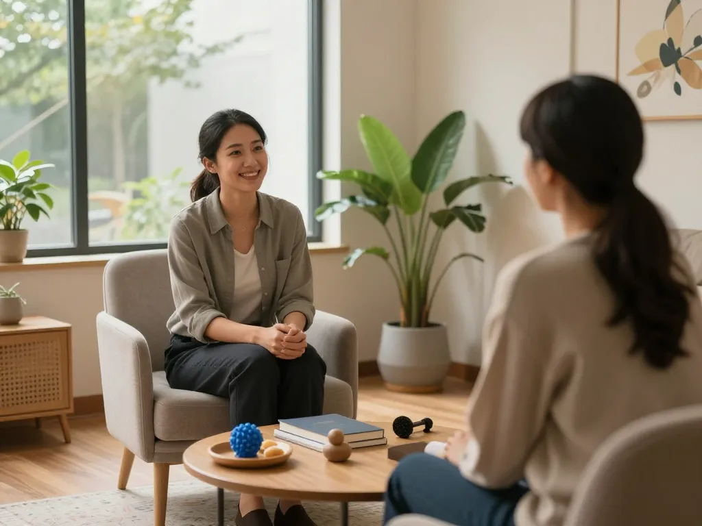 Therapy session focusing on 焦慮症 with a caring professional actively listening to a patient in a calming clinic.
