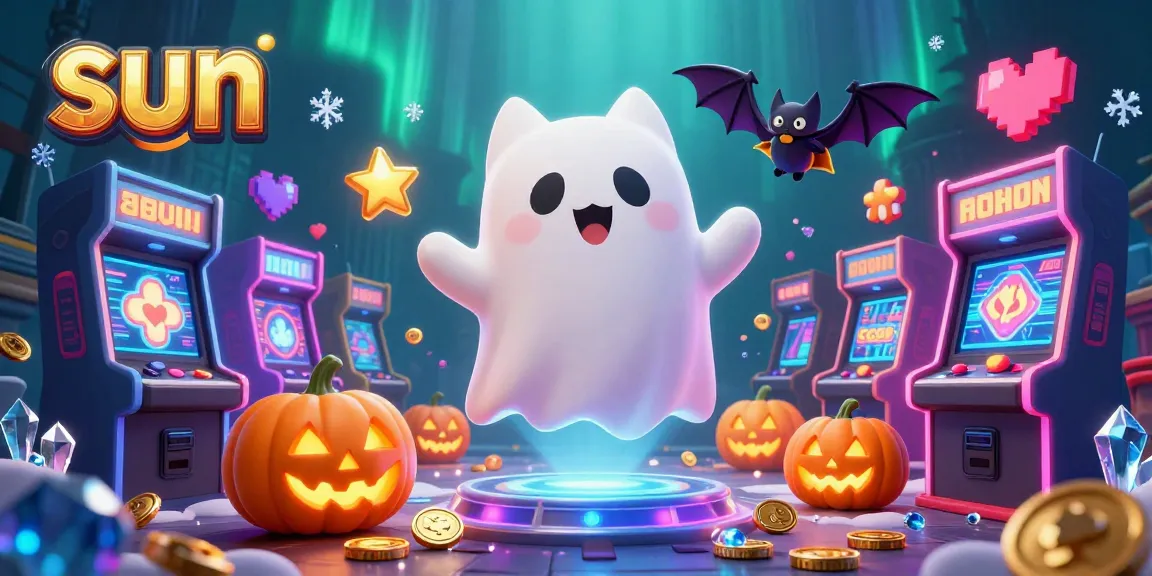 Engage with the vibrant sun-themed 3D casino scene featuring a ghost cat and bat amidst glowing games.