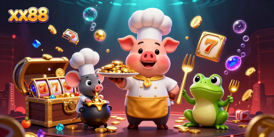 Experience the winning frenzy at xx88 with vibrant casino scenes featuring gold coins, slot reels, and fun characters.