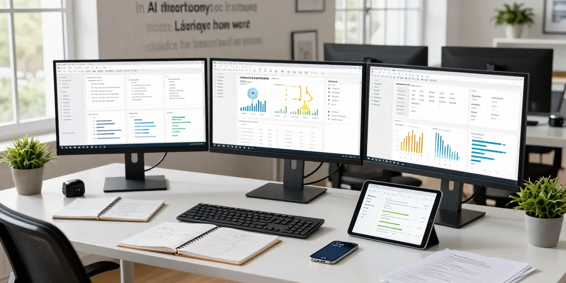 Dynamic workspace showcasing an AI detector setup with multiple monitors analyzing data and dashboards.