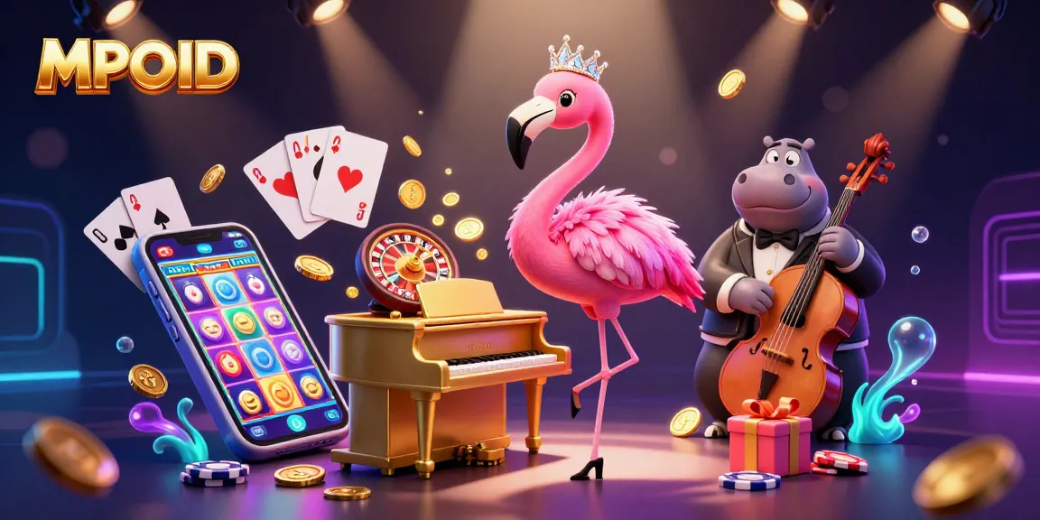 Experience the thrill of MPOID with a vibrant casino scene featuring playful characters and lively gaming elements.