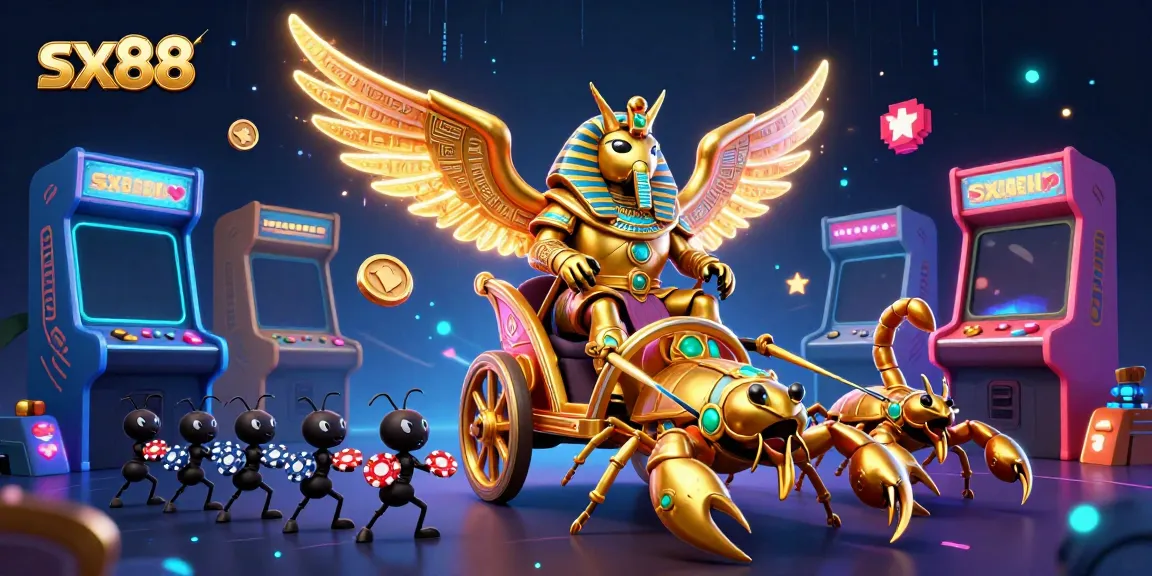 Experience the magic of sx88 with animated characters winning poker chips amidst vibrant gaming elements.