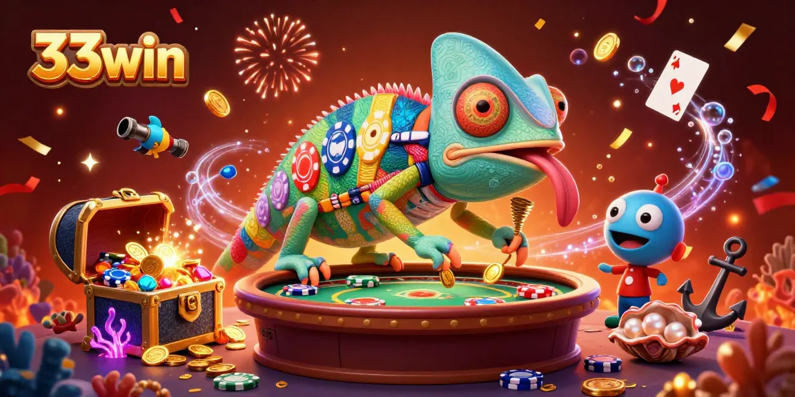 Engage in thrilling gameplay at 33win with a vibrant casino scene featuring animated characters, gold coins, and playing cards.