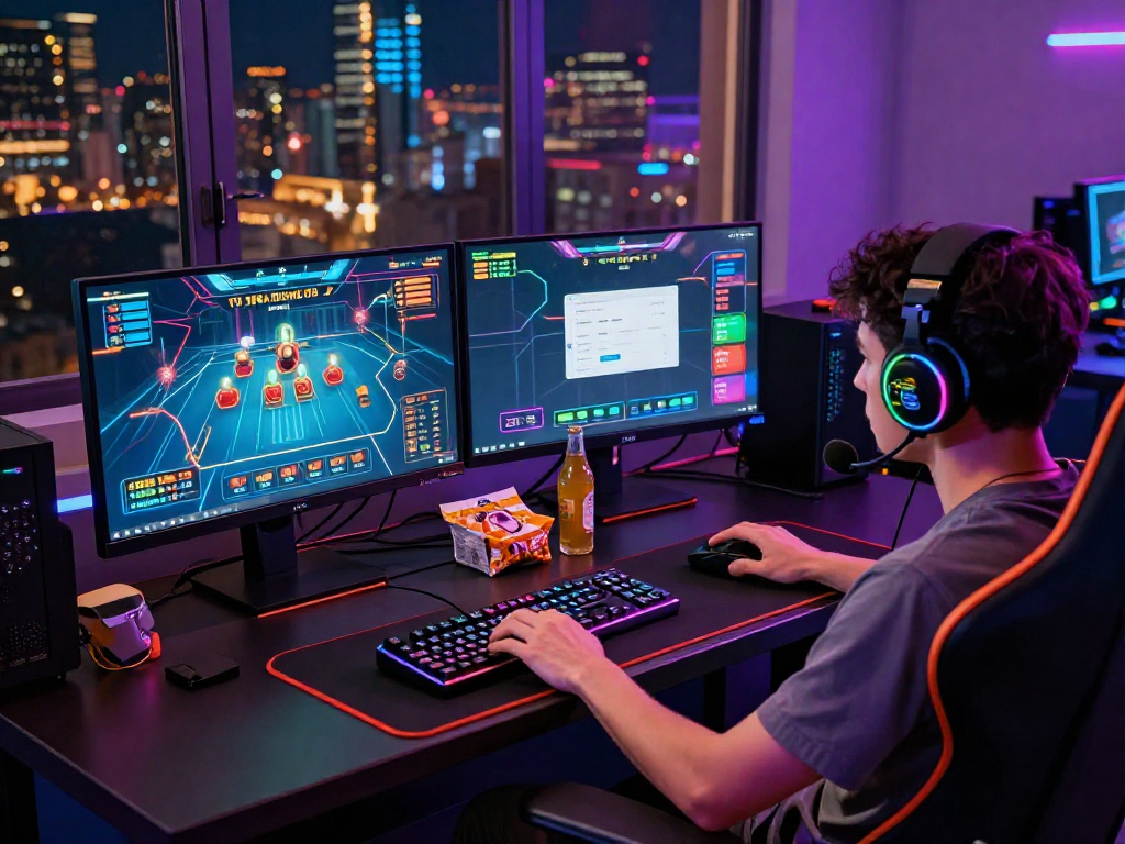 Giocatore immerso in siti non AAMS, con setup di gioco e grafica vibrante.